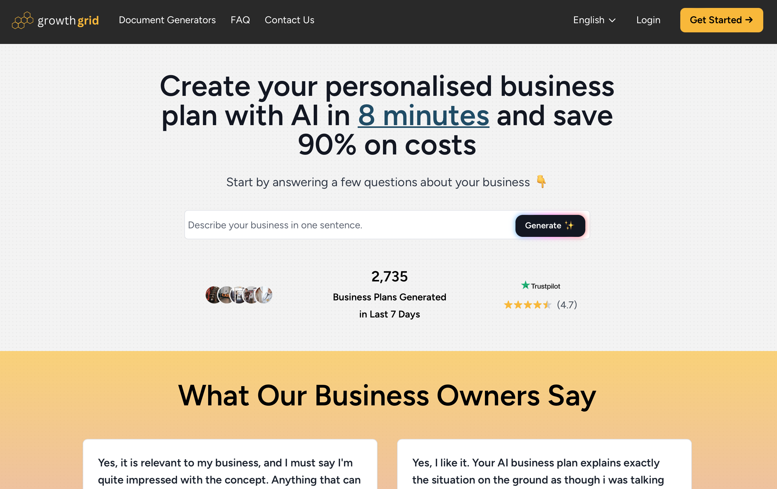 GrowthGrid hjemmeside - AI forretningsplan generator